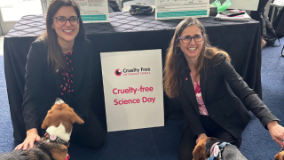 Monica Engebretson and Laura Rego with Beagles at Cruelty-Free Science Day